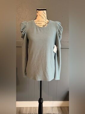 Nine West Sage Green Puff-Shoulder Long Sleeve Top